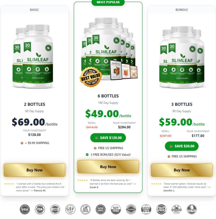 SlimLeaf probiotic pricing table showing 2 bottle, 3 bottle, and 6 bottle packages with discount offers